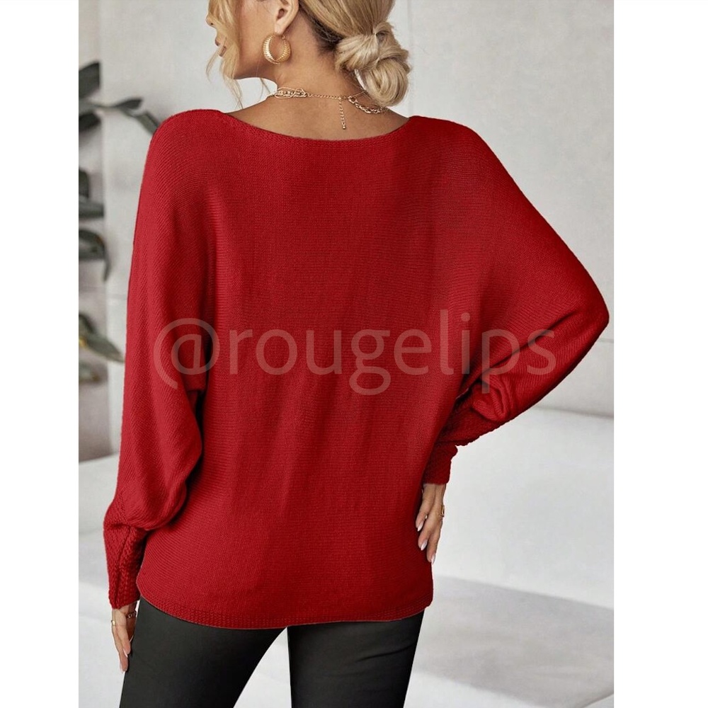 Red Boat Neck Light Knit Sweater Batwing Sleeve Loose Fit, Stretchy - Picture 7 of 8